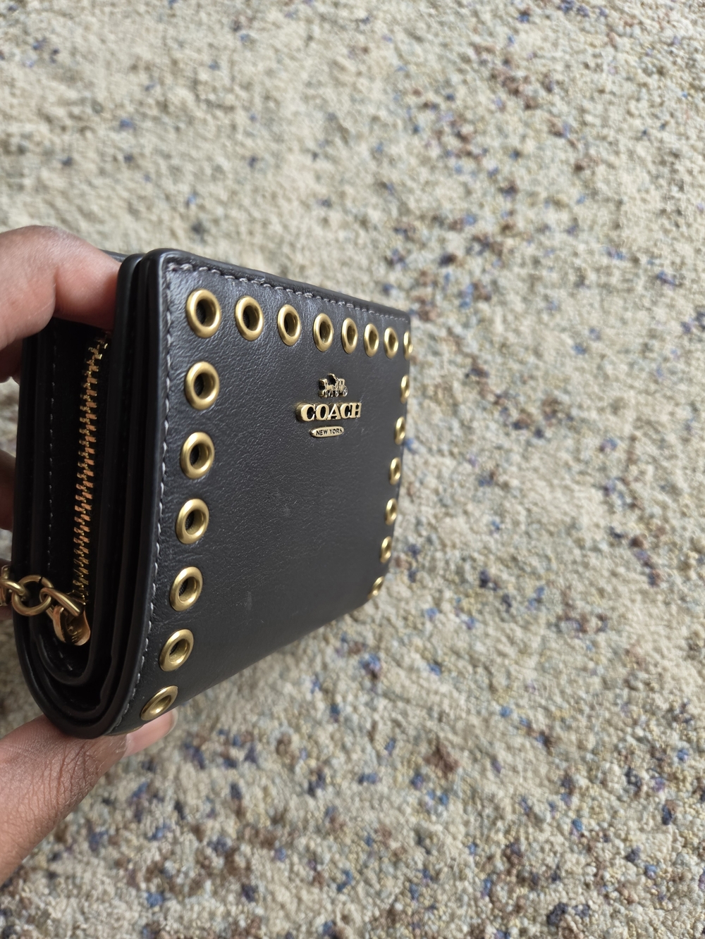 Coach Leather Grommet Snap Wallet Black Gold - Picture 3 of 10